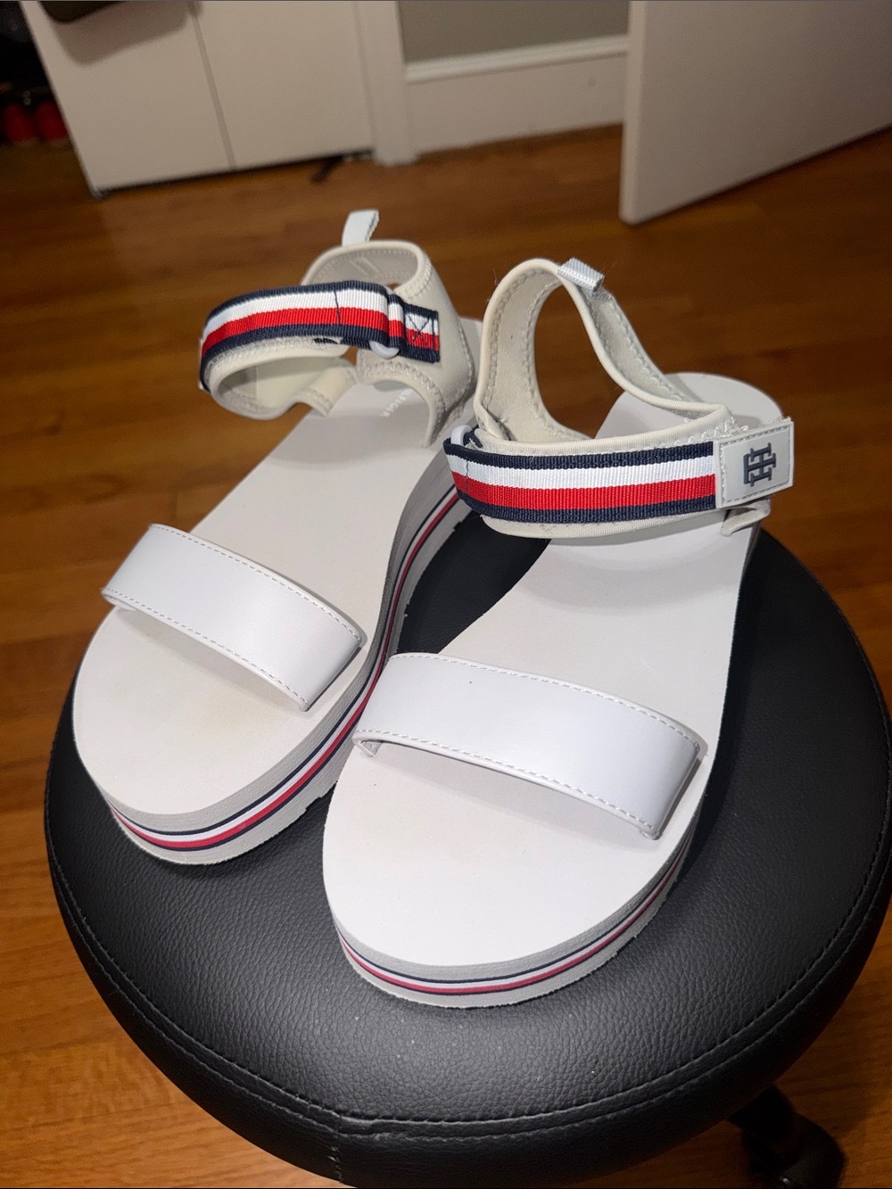 Tommy Hilfiger Light Grey Platform Sandals with Red & Navy Stripe Ankle Strap